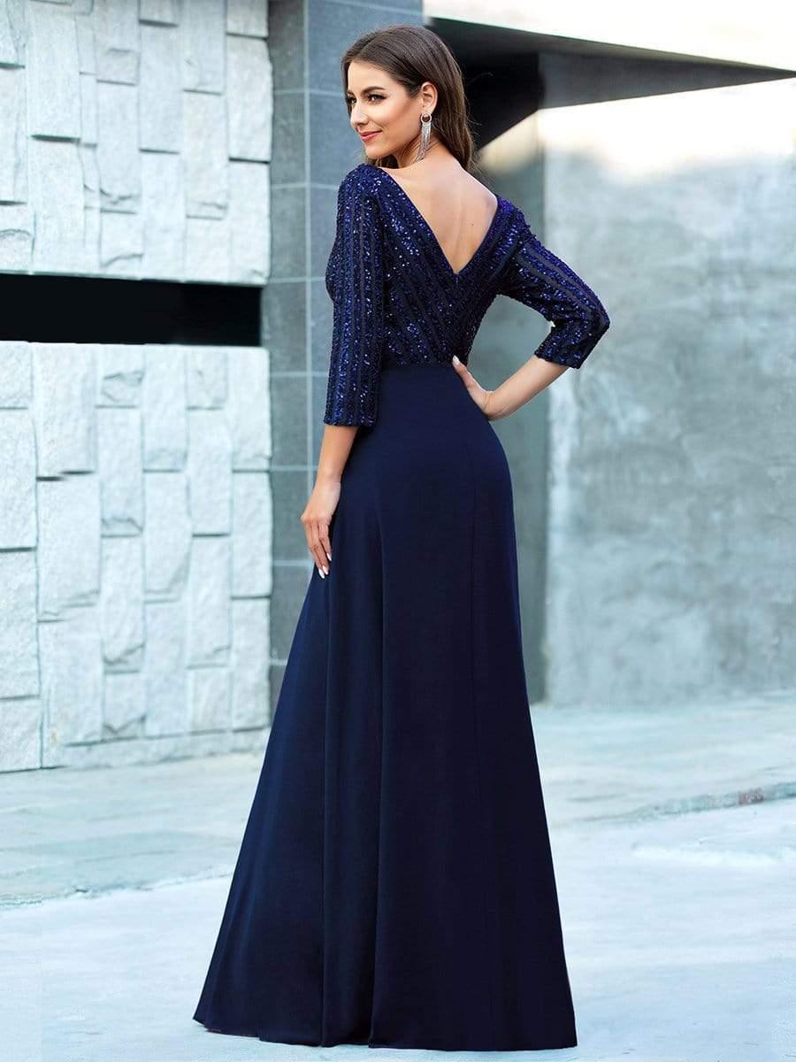 Sequin V-Neck Evening Dresses with 3/4 Sleeve