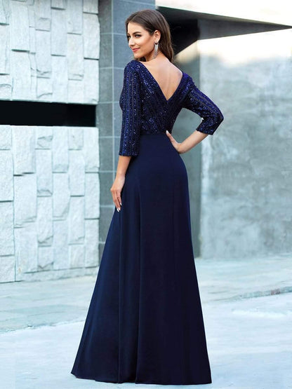 Sequin V-Neck Evening Dresses with 3/4 Sleeve