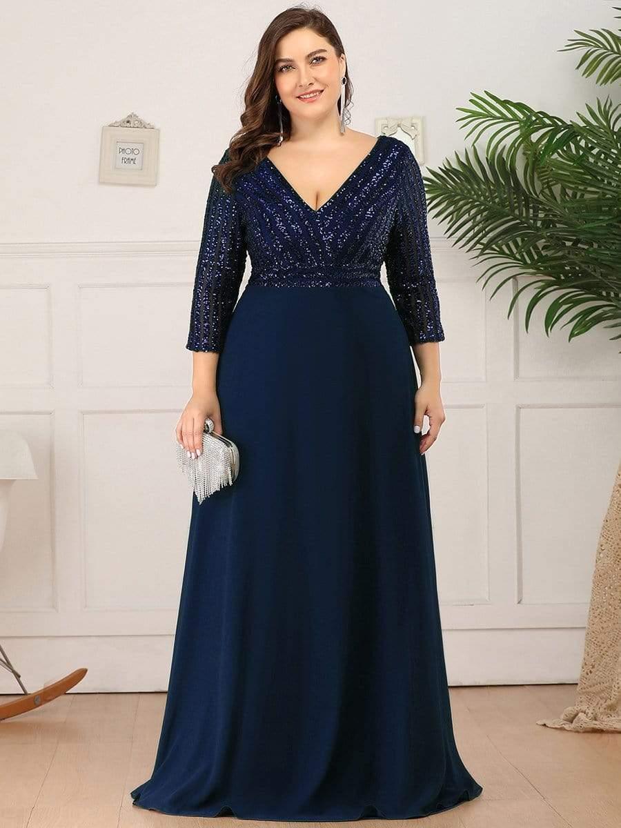 Sequin V-Neck Evening Dresses with 3/4 Sleeve