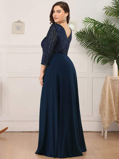 Sequin V-Neck Evening Dresses with 3/4 Sleeve