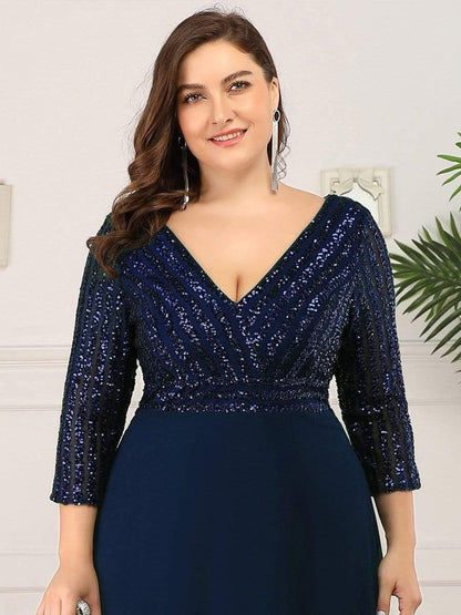 Sequin V-Neck Evening Dresses with 3/4 Sleeve