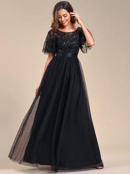 A-Line Short Sleeve Embroidery Floor-Length Evening Dress