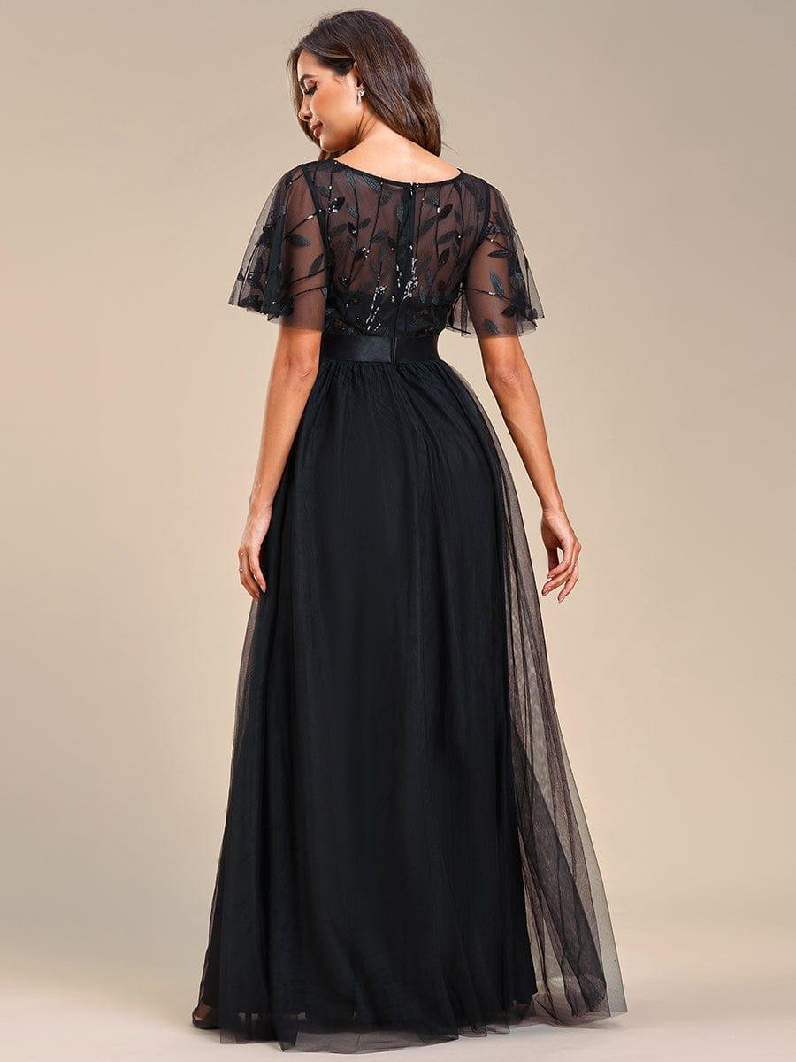 A-Line Short Sleeve Embroidery Floor-Length Evening Dress