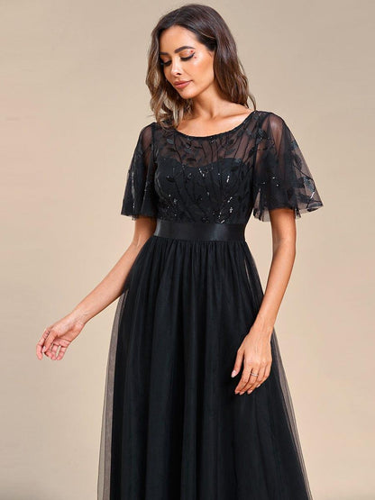A-Line Short Sleeve Embroidery Floor-Length Evening Dress