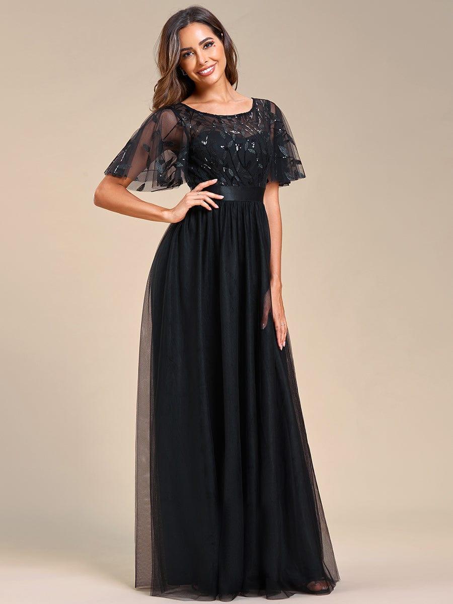 A-Line Short Sleeve Embroidery Floor-Length Evening Dress