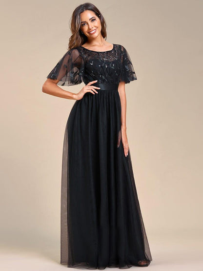 A-Line Short Sleeve Embroidery Floor-Length Evening Dress