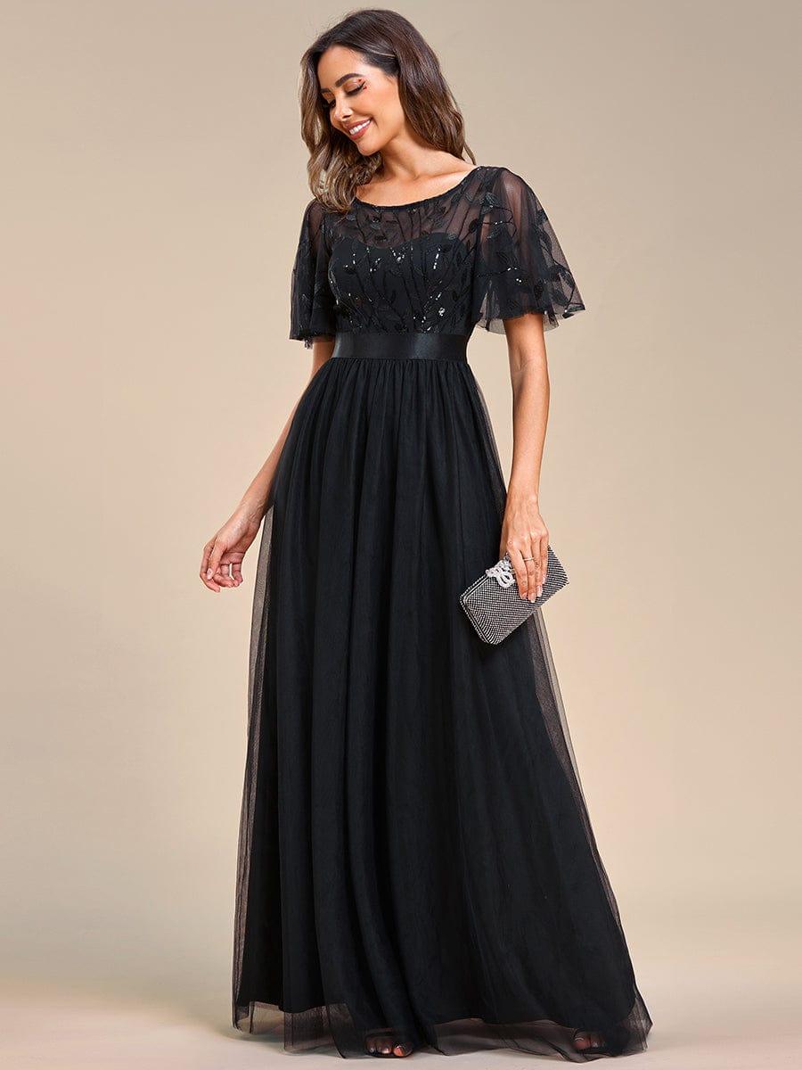 A-Line Short Sleeve Embroidery Floor-Length Evening Dress