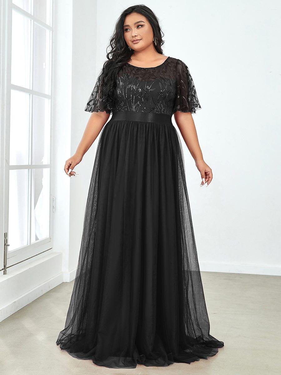 A-Line Short Sleeve Embroidery Floor-Length Evening Dress