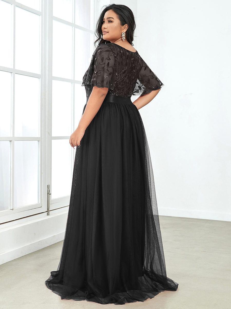 A-Line Short Sleeve Embroidery Floor-Length Evening Dress