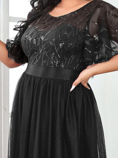A-Line Short Sleeve Embroidery Floor-Length Evening Dress