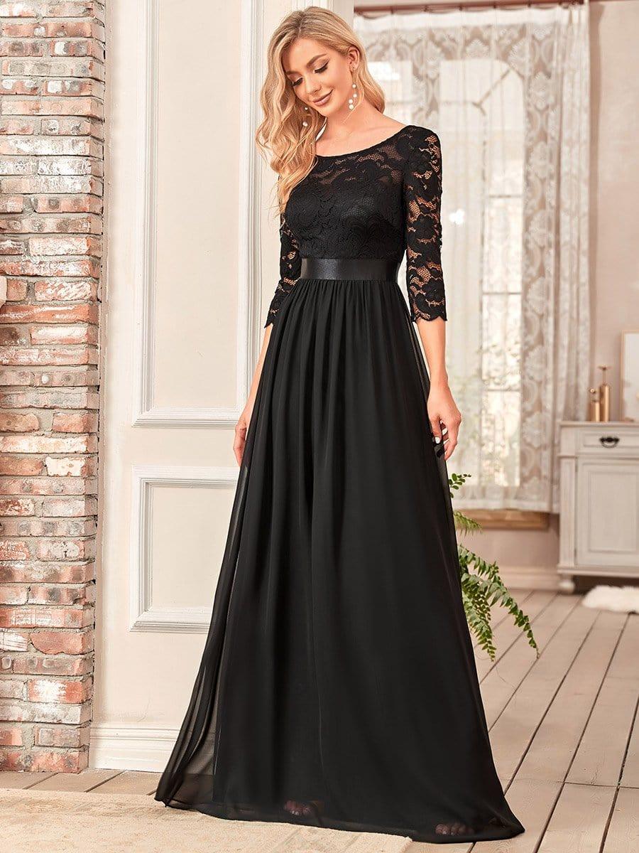 Lace See-Through Floor-Length Chiffon Evening Dress with Half Sleeve — Black