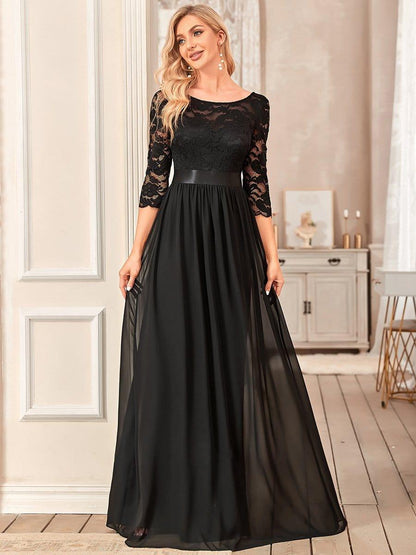 Lace See-Through Floor-Length Chiffon Evening Dress with Half Sleeve