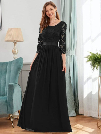 Lace See-Through Floor-Length Chiffon Evening Dress with Half Sleeve
