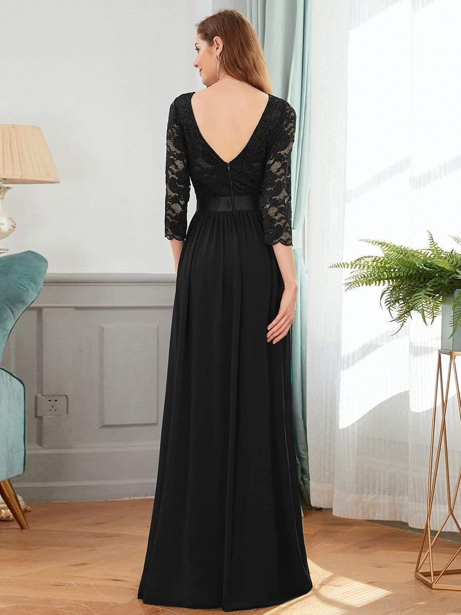Lace See-Through Floor-Length Chiffon Evening Dress with Half Sleeve