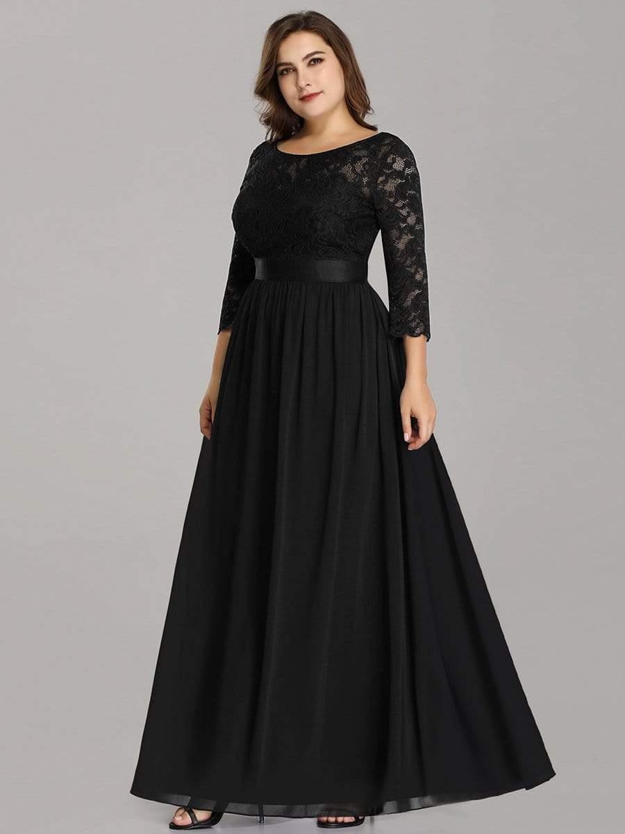 Lace See-Through Floor-Length Chiffon Evening Dress with Half Sleeve