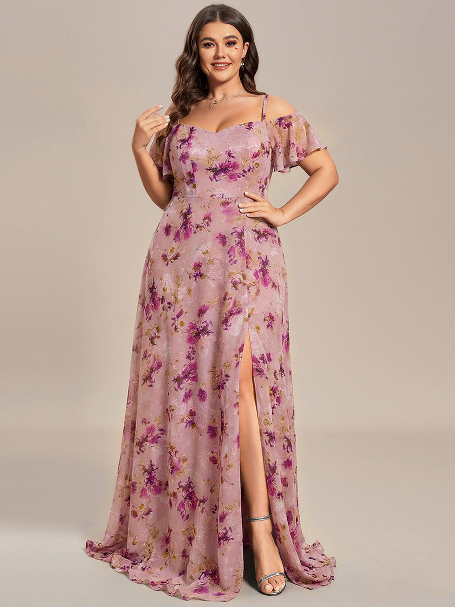 Plus Size Cold Shoulder Formal Bridesmaid Dress with Side Slit — Light Purple Print