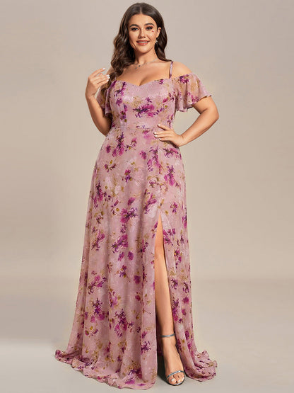 Plus Size Cold Shoulder Formal Bridesmaid Dress with Side Slit — Light Purple Print