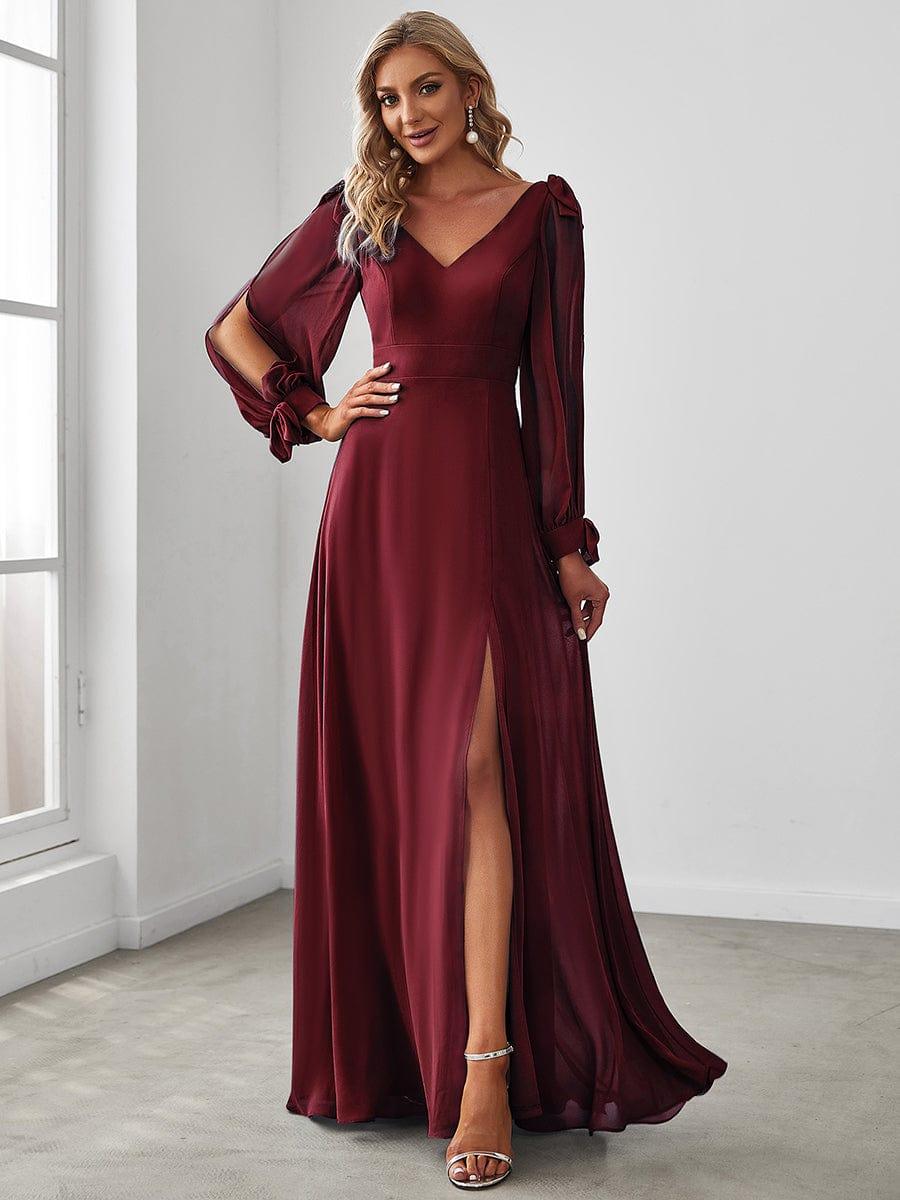 Open Lantern Sleeve A-Line Bridesmaid Dress — Burgundy
