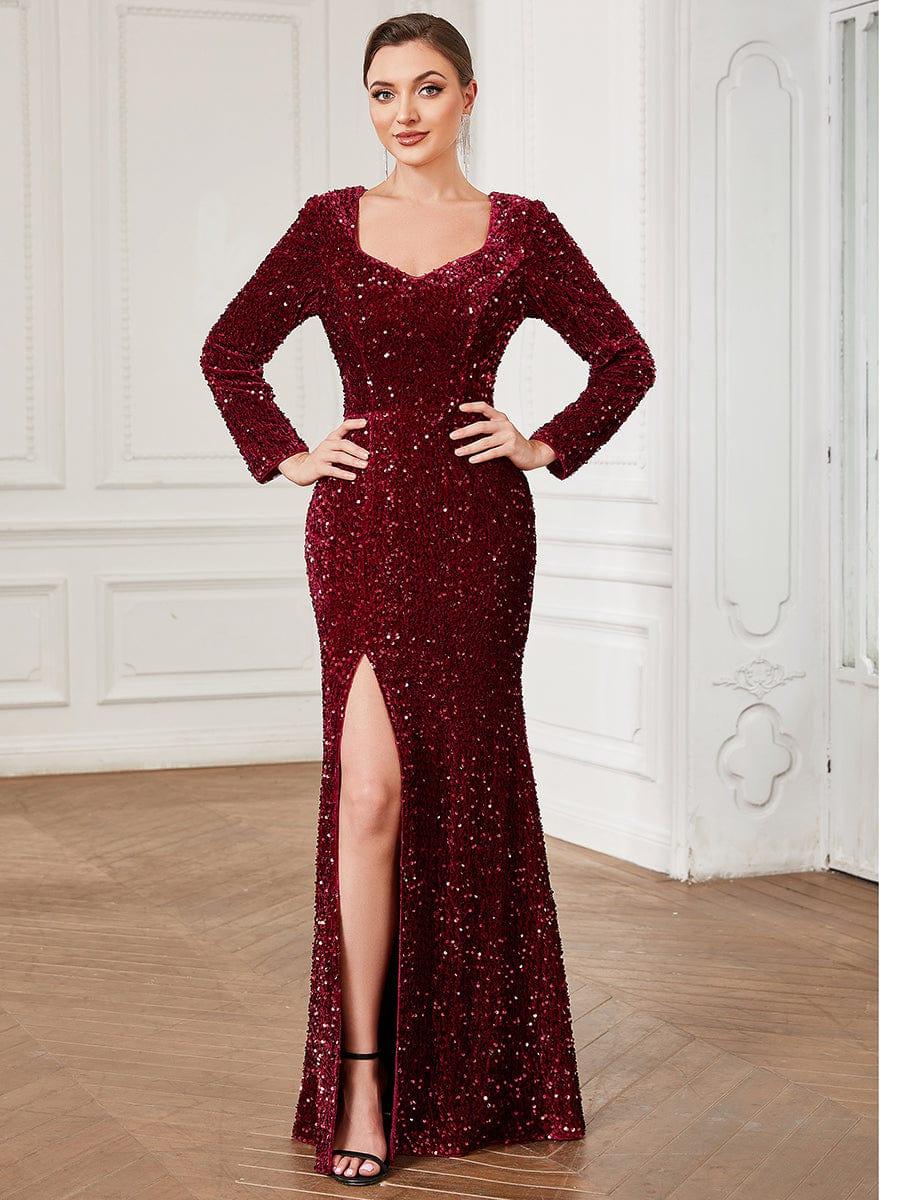 Sequin Long Sleeve Sweetheart Bodycon Front Slit Evening Dress — Burgundy