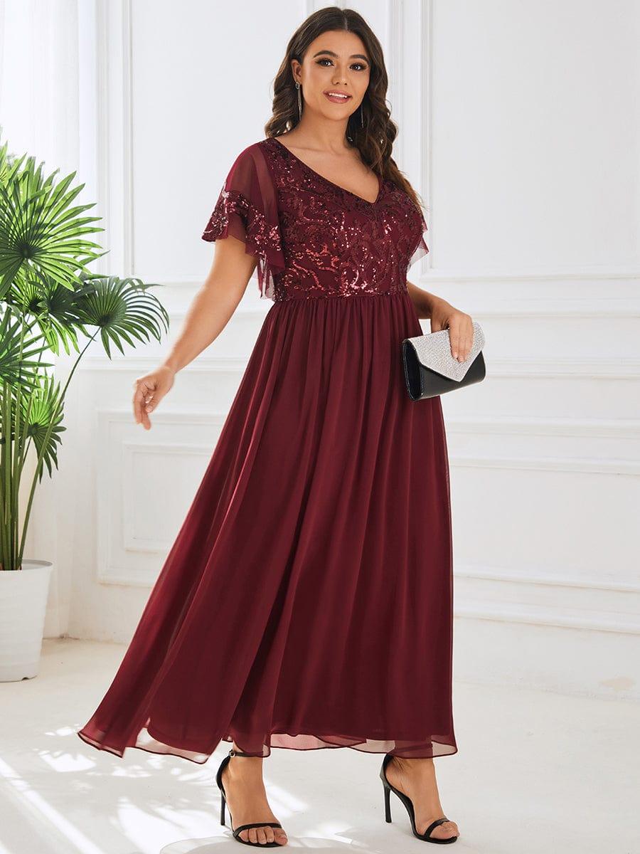Sequin Short Sleeve V-Neck Chiffon A-Line Mother of the Bride Dress