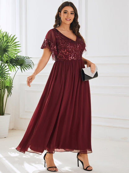 Sequin Short Sleeve V-Neck Chiffon A-Line Mother of the Bride Dress