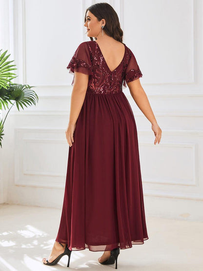 Sequin Short Sleeve V-Neck Chiffon A-Line Mother of the Bride Dress