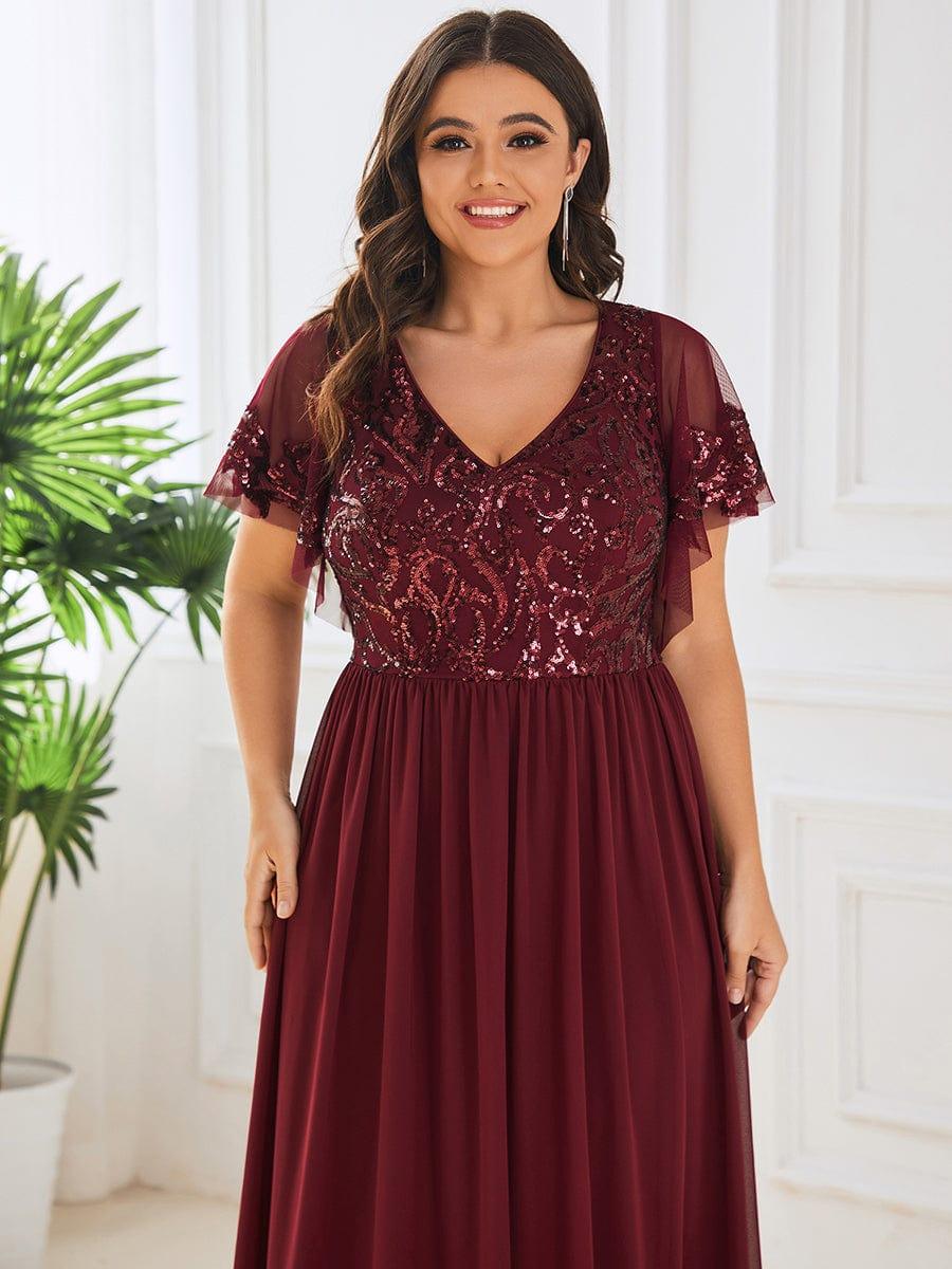 Sequin Short Sleeve V-Neck Chiffon A-Line Mother of the Bride Dress