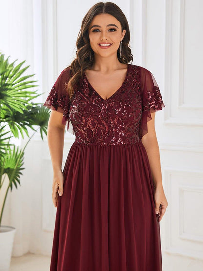 Sequin Short Sleeve V-Neck Chiffon A-Line Mother of the Bride Dress