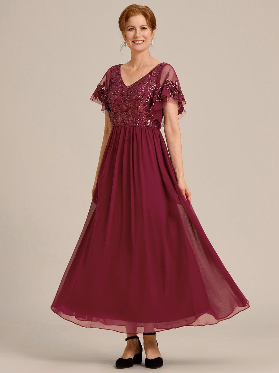 Sequin Short Sleeve V-Neck Chiffon A-Line Mother of the Bride Dress — Burgundy