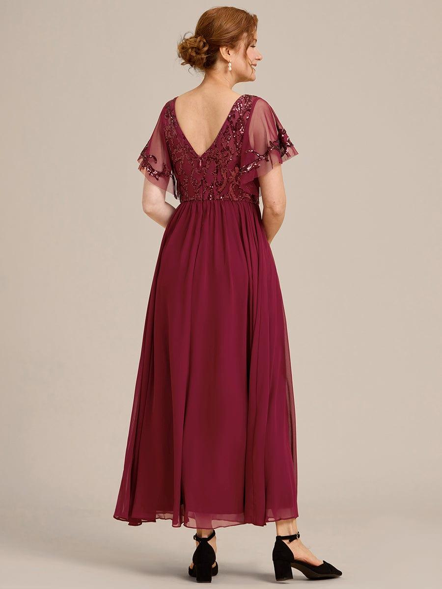 Sequin Short Sleeve V-Neck Chiffon A-Line Mother of the Bride Dress