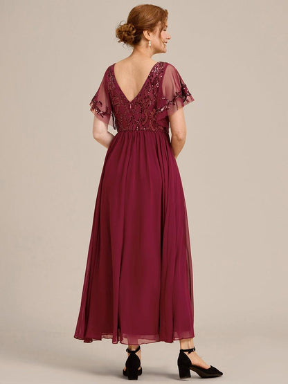 Sequin Short Sleeve V-Neck Chiffon A-Line Mother of the Bride Dress