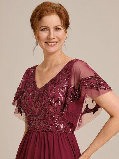 Sequin Short Sleeve V-Neck Chiffon A-Line Mother of the Bride Dress