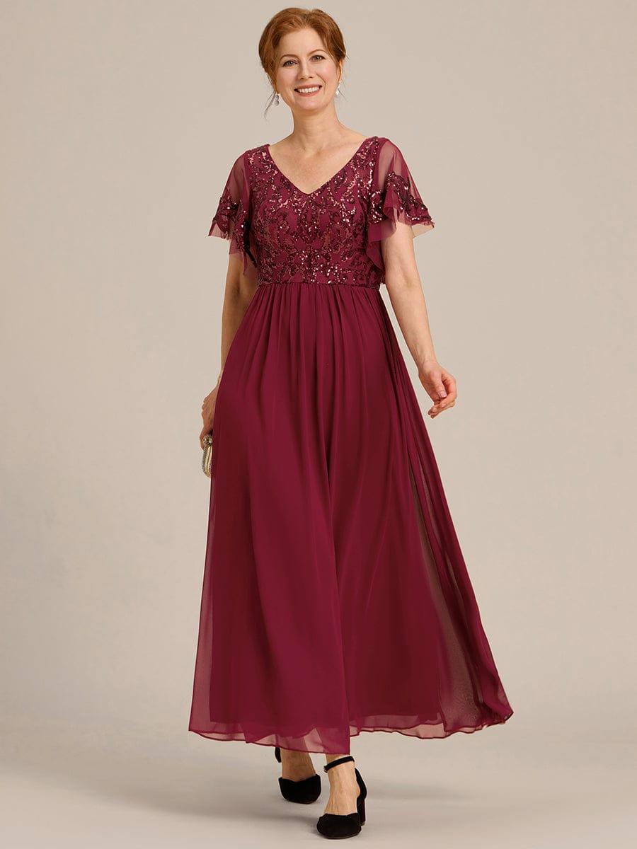 Sequin Short Sleeve V-Neck Chiffon A-Line Mother of the Bride Dress