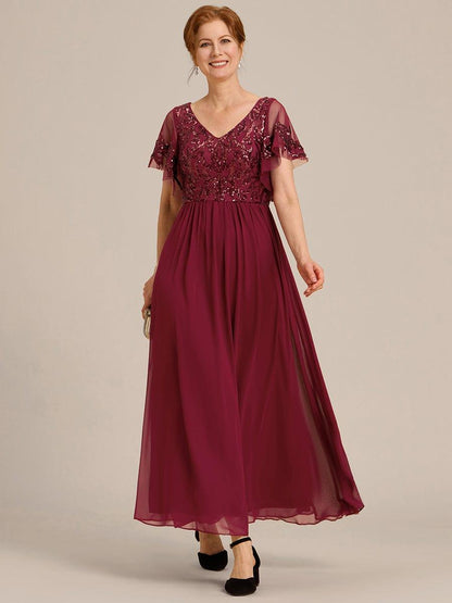 Sequin Short Sleeve V-Neck Chiffon A-Line Mother of the Bride Dress