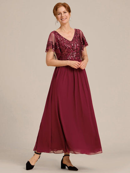 Sequin Short Sleeve V-Neck Chiffon A-Line Mother of the Bride Dress