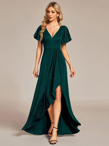 Glitter High-Low Front Side Slit Ruffled V-Neck Evening Dress — Dark Green
