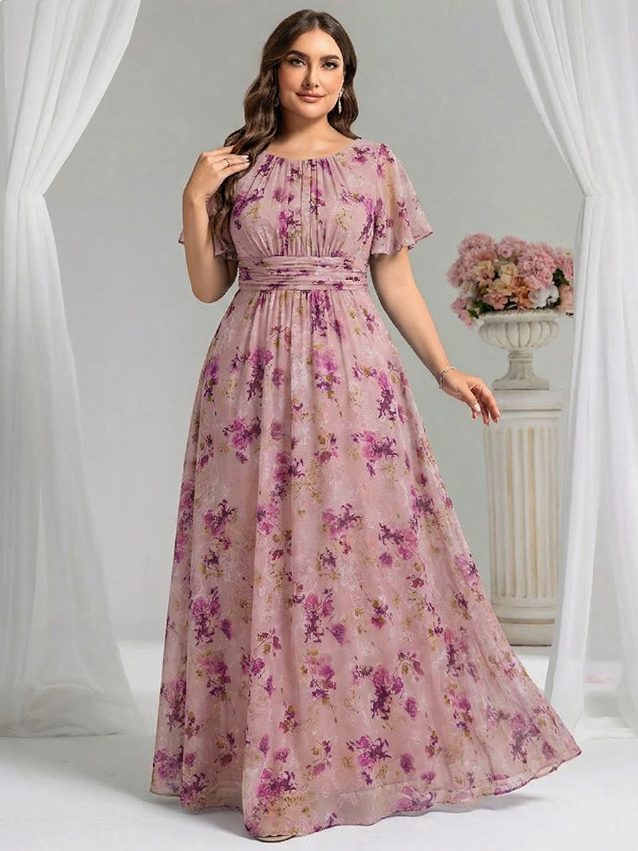 Plus Size Chiffon Simple Pleated A-Line Bridesmaid Dress — Light Purple Print