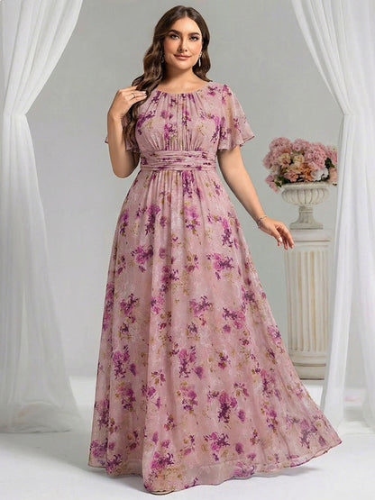 Plus Size Chiffon Simple Pleated A-Line Bridesmaid Dress — Light Purple Print