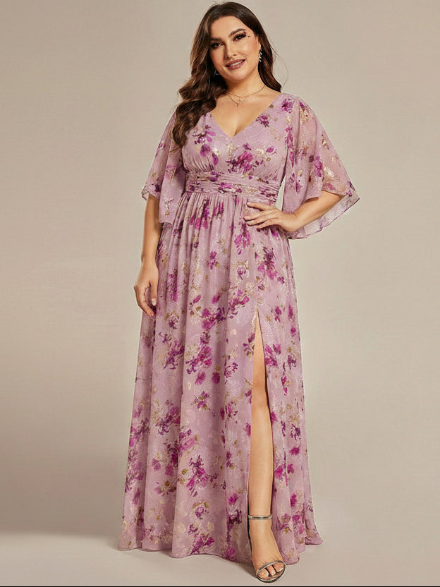 Plus Size Chiffon Half Sleeve Pleated A-Line V-Neck Bridesmaid Dress — Light Purple Print