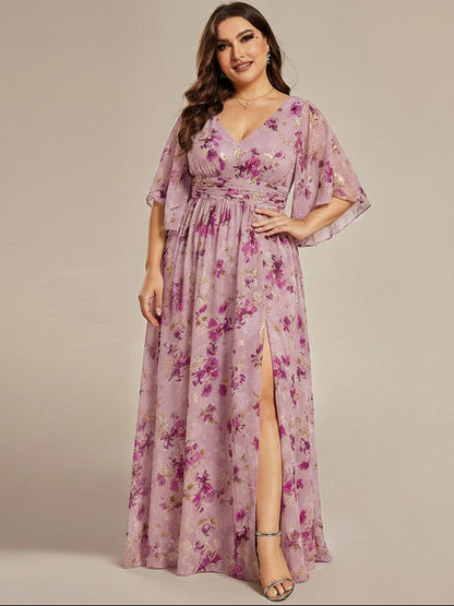 Plus Size Chiffon Half Sleeve Pleated A-Line V-Neck Bridesmaid Dress — Light Purple Print