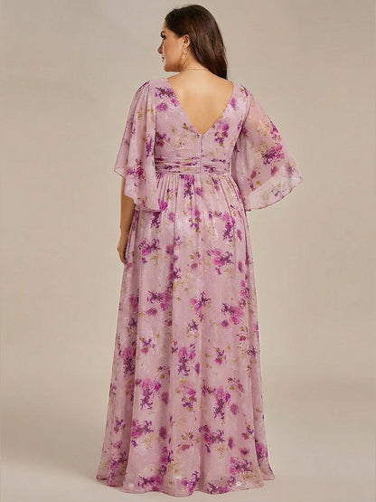 Plus Size Chiffon Half Sleeve Pleated A-Line V-Neck Bridesmaid Dress