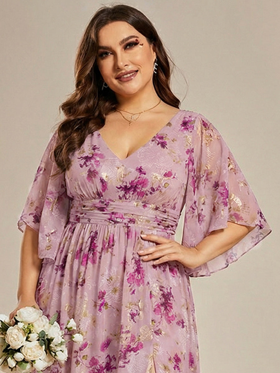 Plus Size Chiffon Half Sleeve Pleated A-Line V-Neck Bridesmaid Dress
