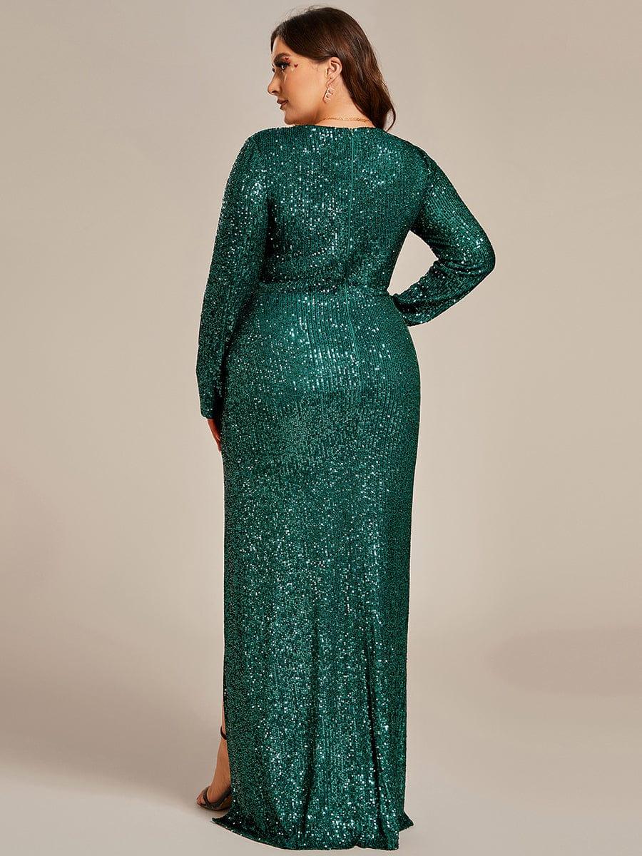 Sequin Sparkling V-Neck Long Sleeve Thigh-High Slit Evening Dress