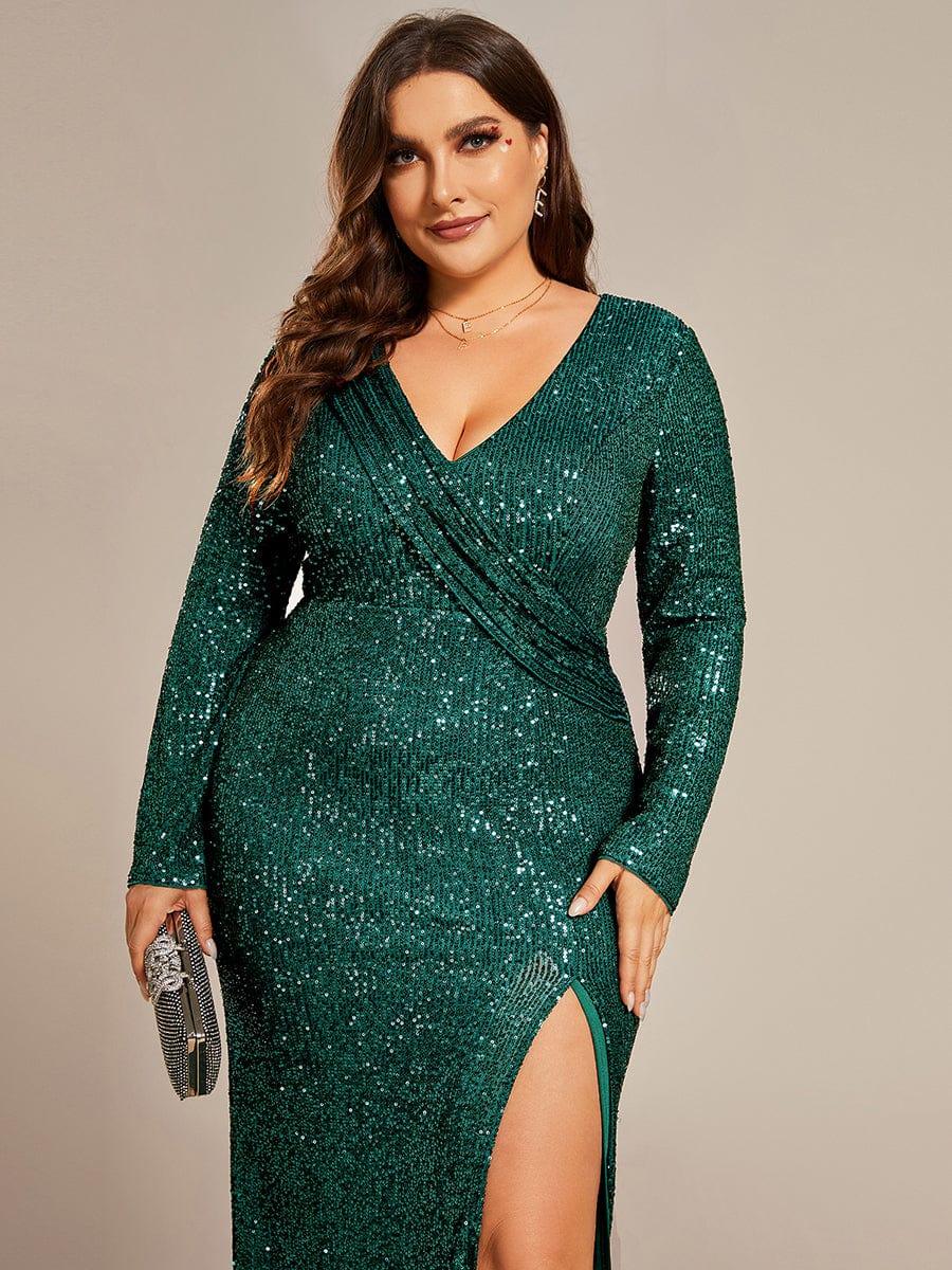Sequin Sparkling V-Neck Long Sleeve Thigh-High Slit Evening Dress