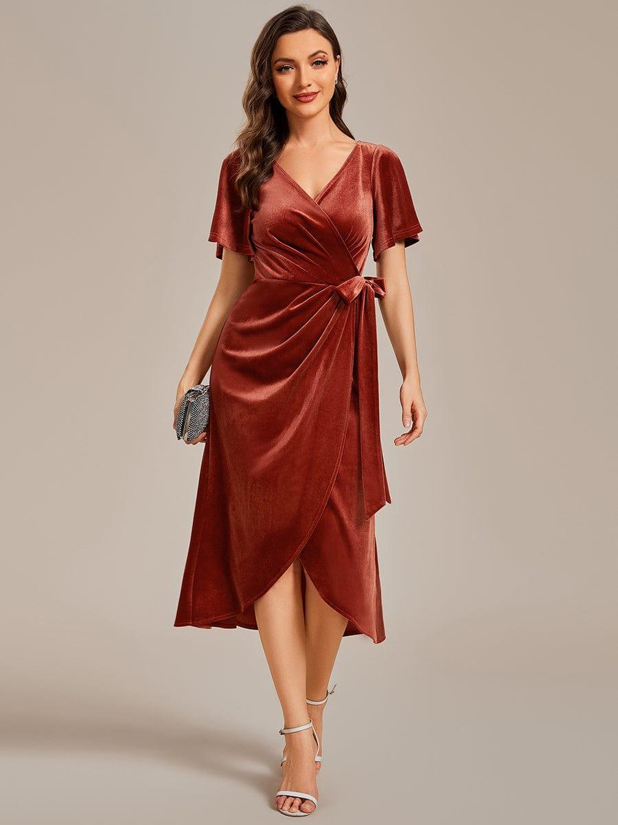 Velvet Short Sleeve V-Neck Midi Wedding Guest Dress — Brick Red