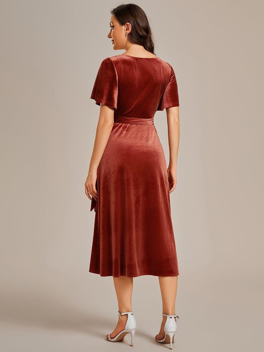 Velvet Short Sleeve V-Neck Midi Wedding Guest Dress