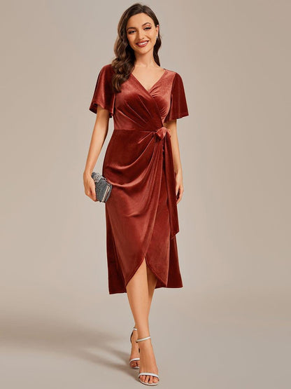 Velvet Short Sleeve V-Neck Midi Wedding Guest Dress
