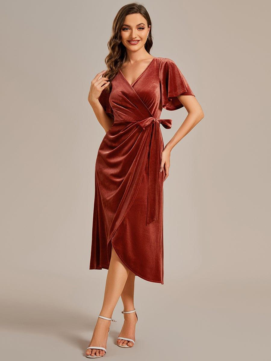 Velvet Short Sleeve V-Neck Midi Wedding Guest Dress