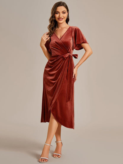 Velvet Short Sleeve V-Neck Midi Wedding Guest Dress