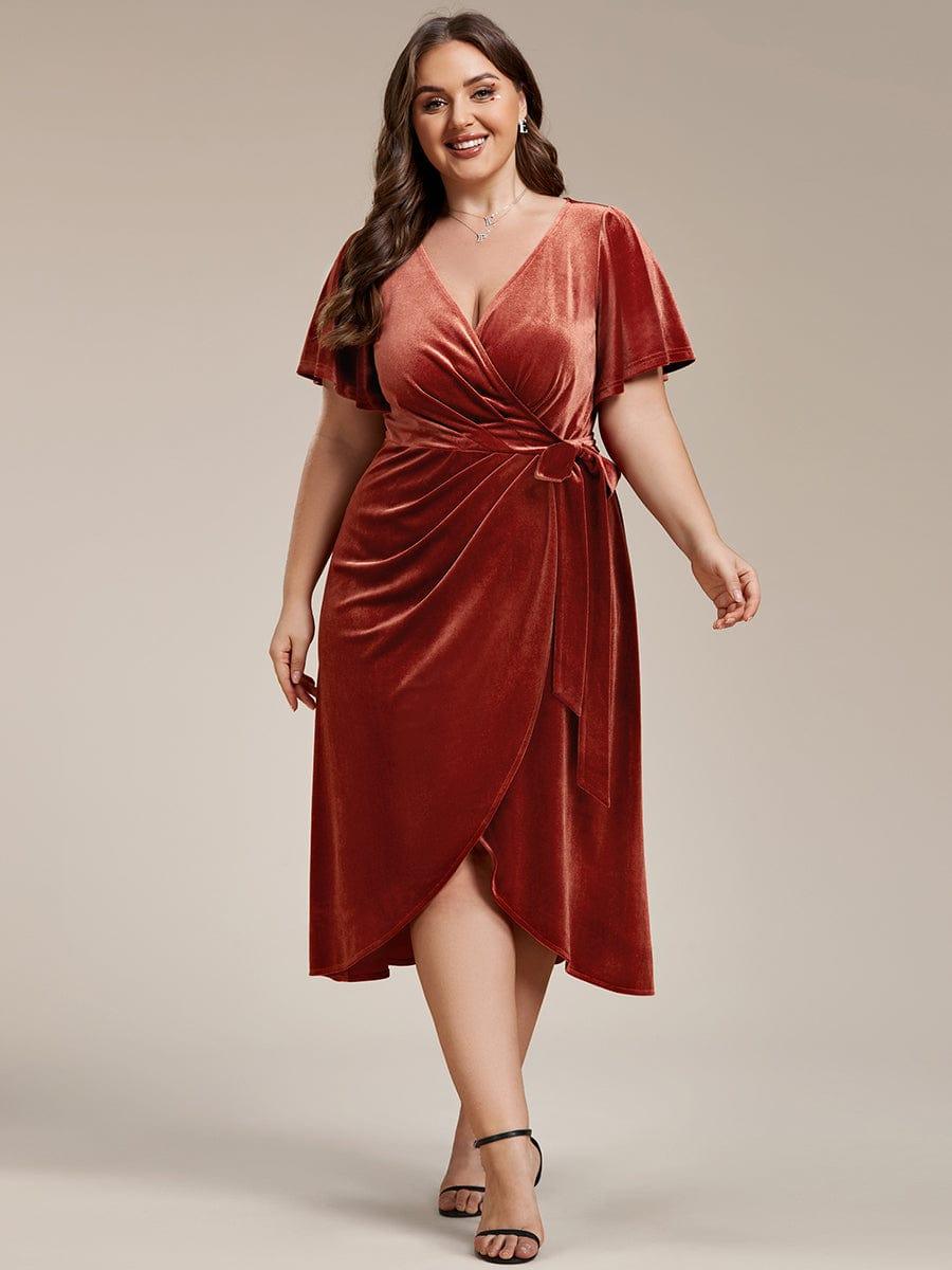 Velvet Short Sleeve V-Neck Midi Wedding Guest Dress